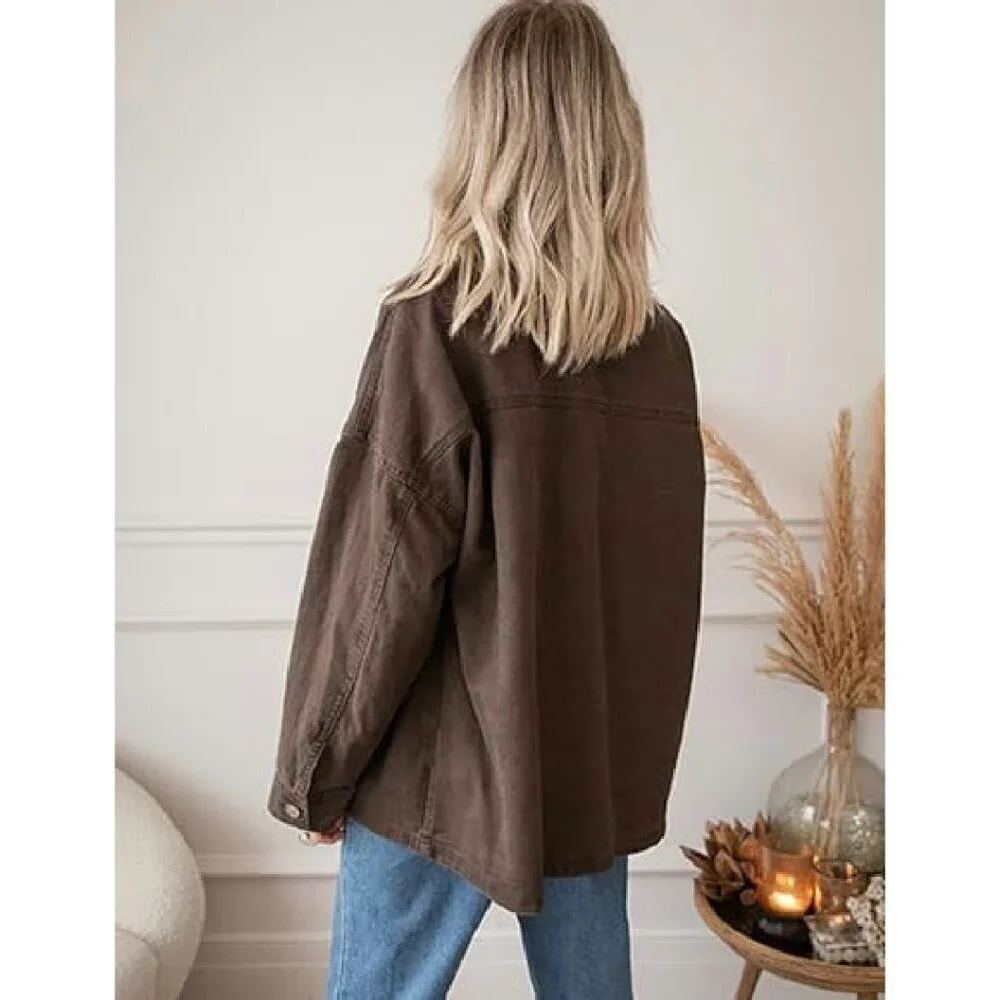Oversized Denim Shacket Retro Collar Button Down Jacket Women's